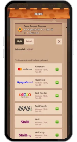 Page de dépôt affichant le bonus de bienvenue en EUR