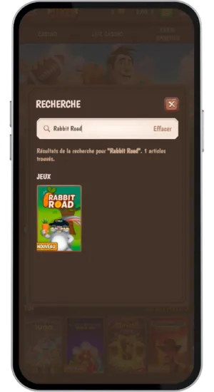 Recherche du jeu Rabbit Road dans la barre de recherche du casino